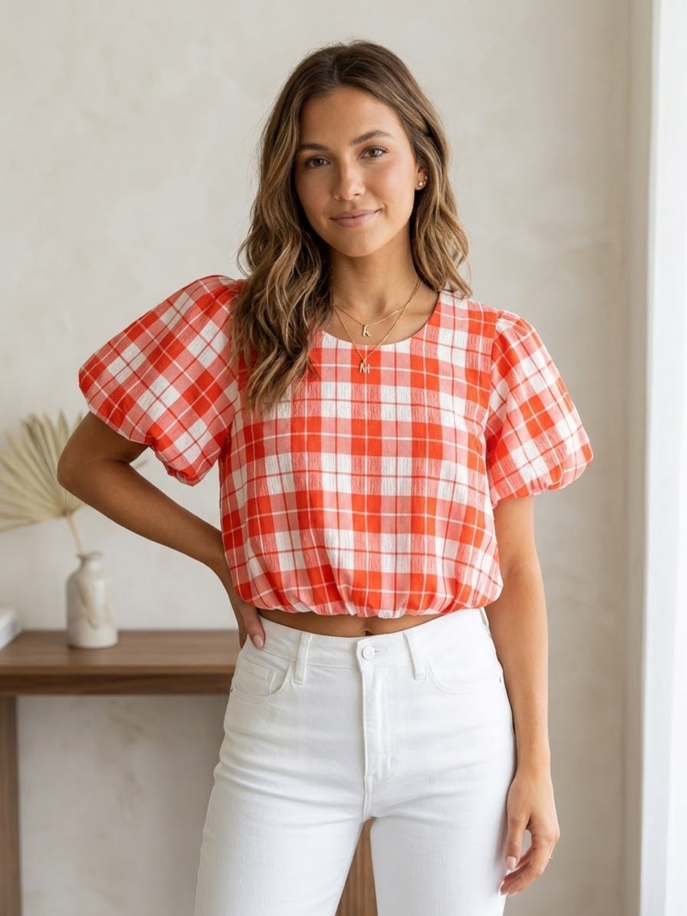 Show Me Your MuMu Orange and White Plaid Puff-Sleeve Crop Top